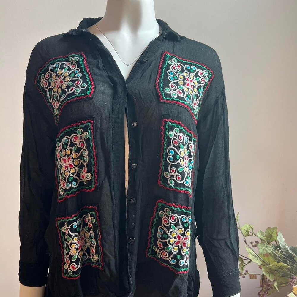 Vintage Black Sheer Button up with Embroidery detailing